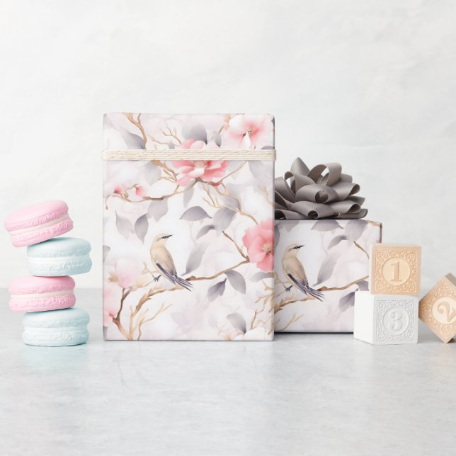 Papier Cadeau Rose asiatique florale oiseau (Baby Shower)