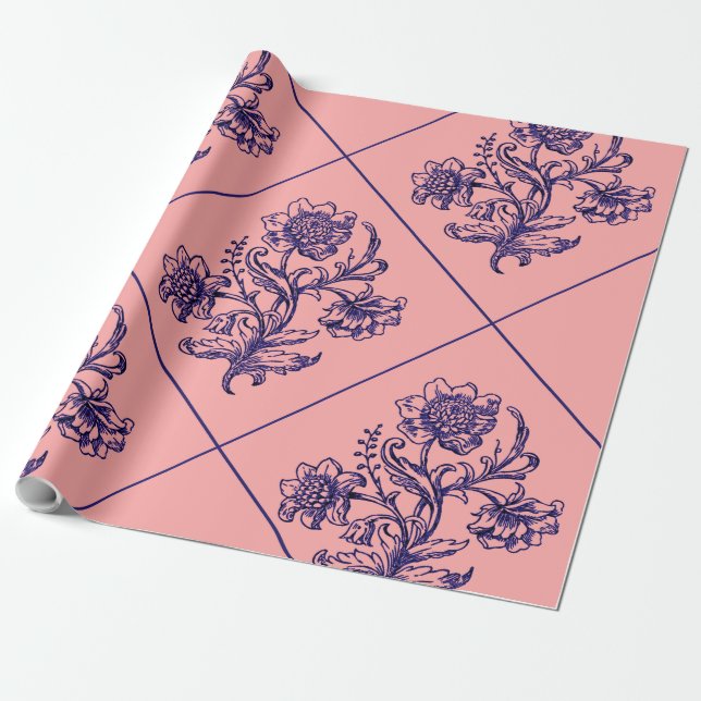 Papier Cadeau Rose avec fleur bleue (Déroulé)