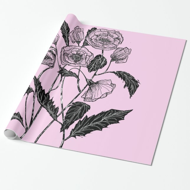 Papier cadeau rose avec pavot - Vos couleurs (Déroulé)