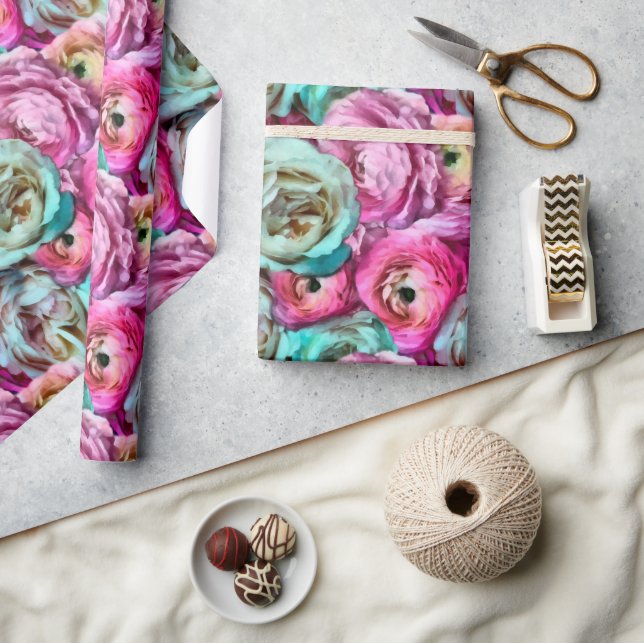 Papier Cadeau Rose & Blanc Rose & Peony Flowers (Artisanat)