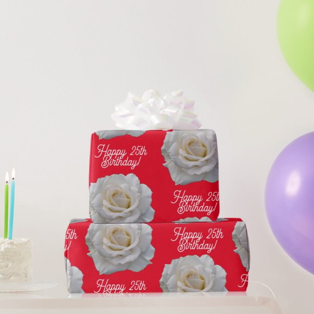 Papier Cadeau Rose blanche Joyeux Anniversaire Rouge (Cadeaux de fête)