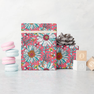 Papier Cadeau Rose blanche Or Jaune Orange Rouge Fleurs margueri