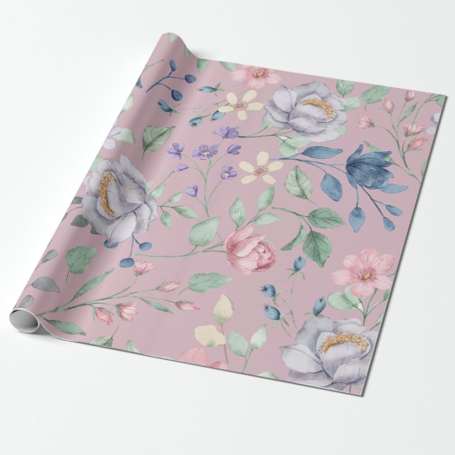 Papier Cadeau Rose Bleu et Jaune Floral Violet (Déroulé)
