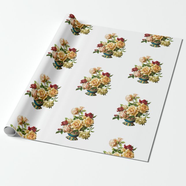 Papier Cadeau Rose Bouquet Motif Vintage Élégant (Déroulé)