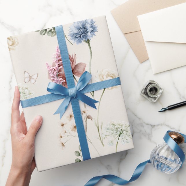 Papier Cadeau Rose Bourgogne Bleu Fleurs Blanches Papillon Maria (Cadeaux)