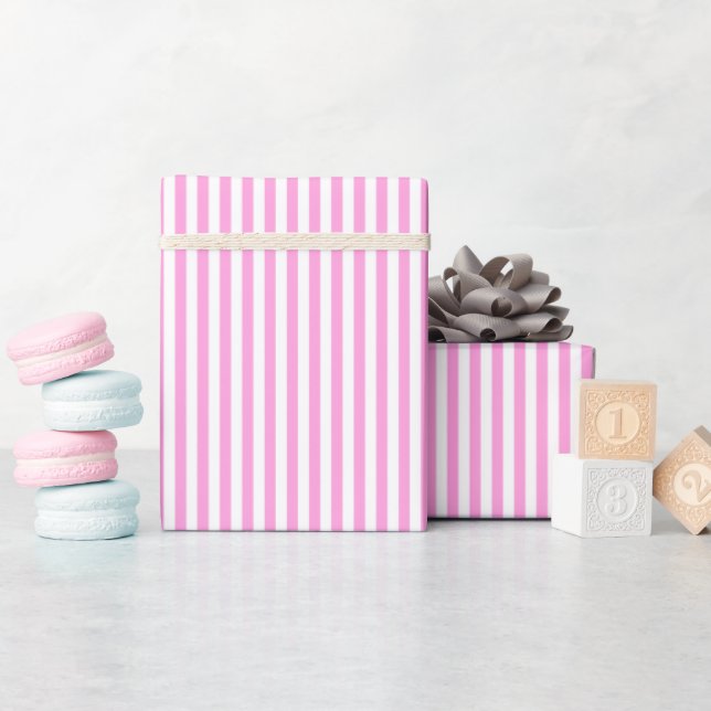 Papier Cadeau Rose Bubble Gum et Rayures Blanches (Baby Shower)