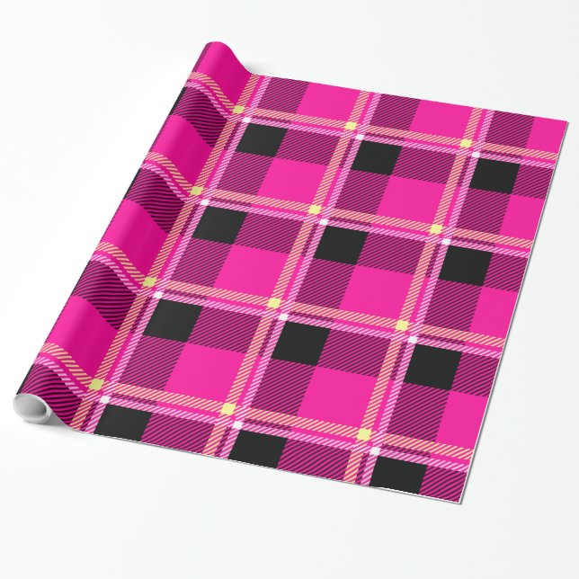 Papier Cadeau Rose chaud, noir et jaune plaid (Déroulé)