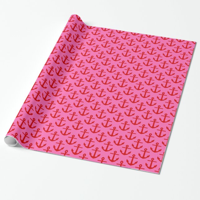 Papier Cadeau Rose Chaude #2, Motif Ancres Rouges (Déroulé)