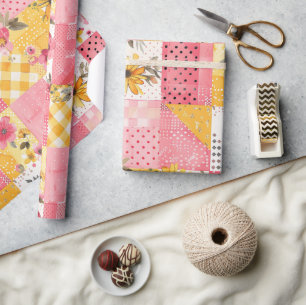 Papier Cadeau Rose Chaude Jaune Patchwork Gingham Cottagecore Fl