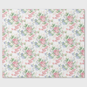 Papier Cadeau Rose Chintz Rose, Fleurs Bleues sur Fond Blanc