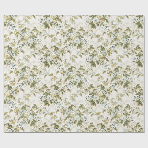 Papier Cadeau Rose Chintz Vert Olive, Fleurs Bleu Ardoise