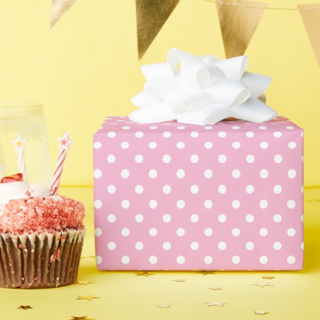 Papier Cadeau Rose Clair et Points Blancs (Fête d'anniversaire)