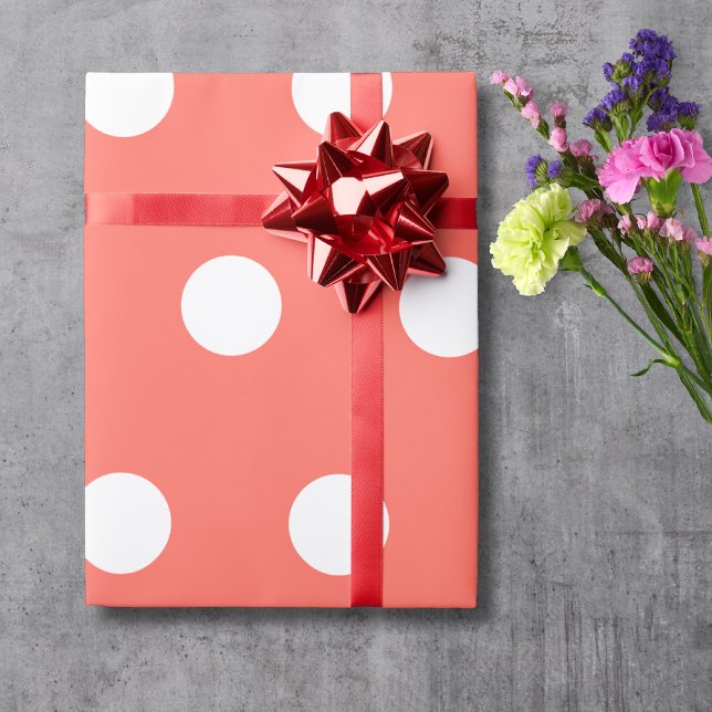Papier Cadeau Rose corail blanc pois moyens (Créateur téléchargé)