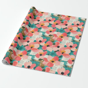 Papier Cadeau Rose Corail Floral Turquoise Vintage