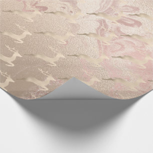Papier Cadeau Rose cuivre or rennes de Noël motif marbre