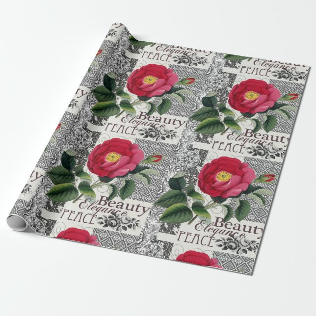 Papier Cadeau Rose Damask Joli Floral Antique (Déroulé)