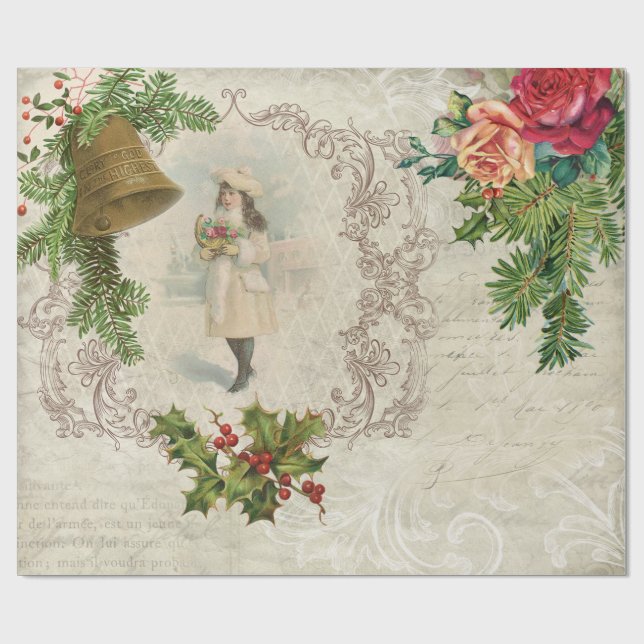 Papier Cadeau Rose de Noël victorien, Pine & Holly Collage (Plat)