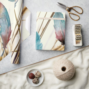 Papier Cadeau Rose de thé artistique botanique fantaisiste plume
