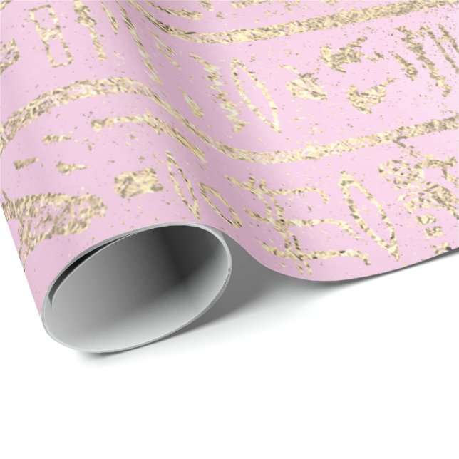 Papier Cadeau Rose égyptien Hiéroglyphes Gold Pink Pastel (Coin rond)