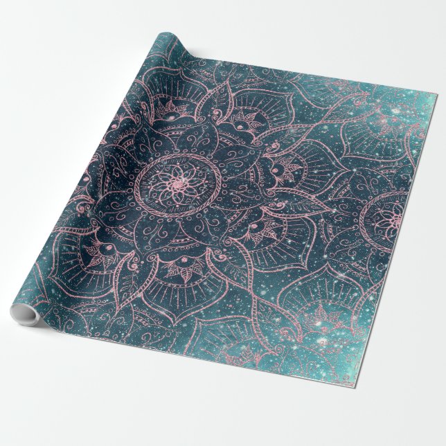 Papier Cadeau Rose élégant Gold Mandala Blue Nebula Stars (Déroulé)