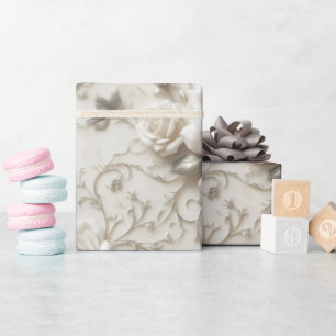Papier Cadeau Rose élégante en ivoire avec motif floral argenté