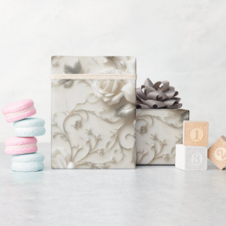 Papier Cadeau Rose élégante en ivoire avec motif floral argenté