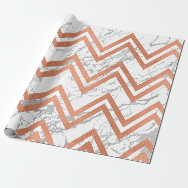 Papier Cadeau Rose en cuivre marbre or Zig Zag Chevron gris blan (Déroulé)