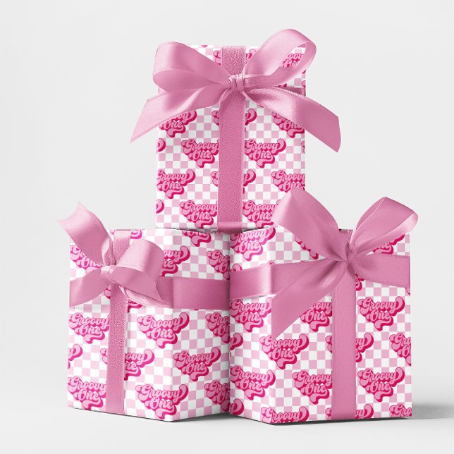 Papier Cadeau Rose et blanc à carreaux Groovy One (Groovy One - 1st Birthday Wrapping Paper in retro pink style)