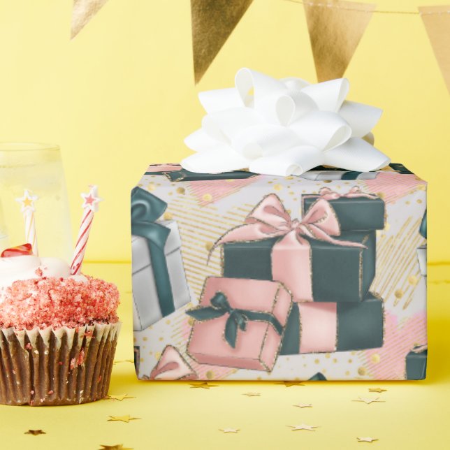 Papier Cadeau Rose et gris joliment enveloppé présente Anniversa (Fête d'anniversaire)