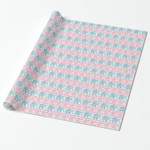 Papier Cadeau Rose et motif ethnique turquoise d'éléphant