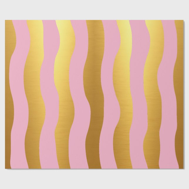 Papier Cadeau Rose et Or Luxe Rayures Modernes (Plat)