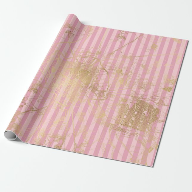 Papier Cadeau Rose et or Paris Feuille (Déroulé)