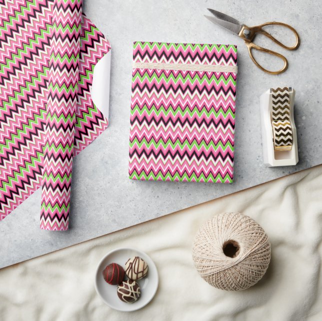 Papier Cadeau Rose et vert Chevron Zig Zag Prépa (Artisanat)