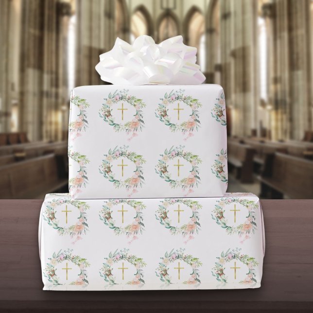 Papier Cadeau Rose Floral Garland Christian Gold Cross (Roses Floral Garland Christian Gold Cross Wrapping Paper)