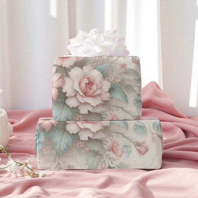 Papier Cadeau Rose floral Shabby Chic Blush Rose Sage Vert Boho (Créateur téléchargé)