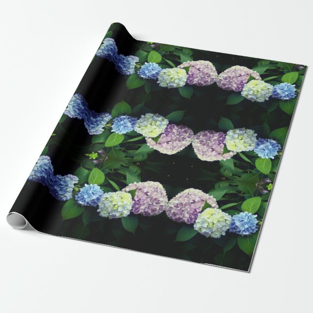 Papier Cadeau rose floral violet fleuri bleu floral Hydrangée (Déroulé)