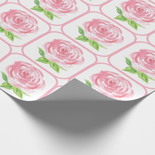 Papier Cadeau Rose Florale Aquarelle Peinte à la Main (Coin)