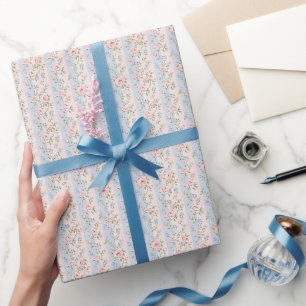 Papier Cadeau Rose florale rayée bleu rose Grandmillennial