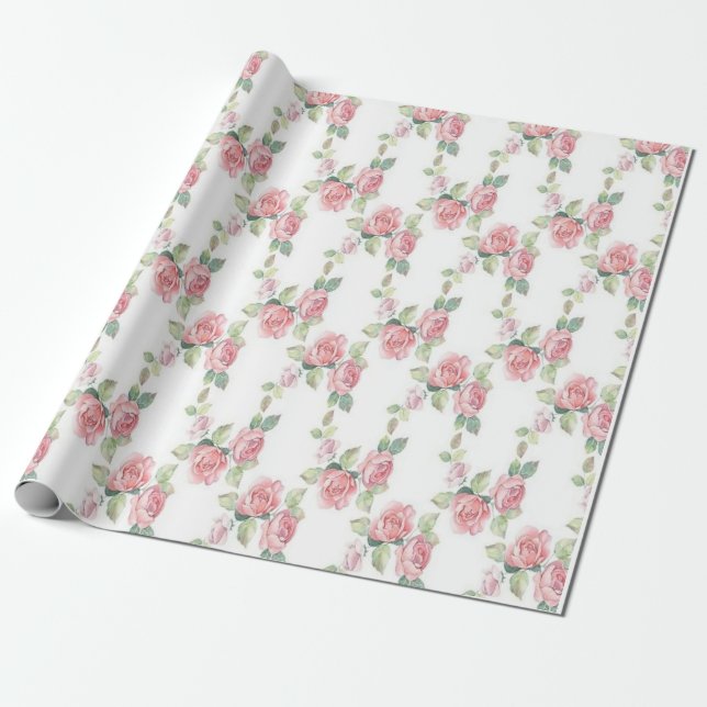 Papier Cadeau Rose Florale Rose Chic Usé (Déroulé)