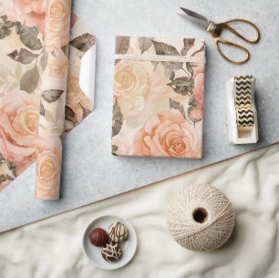Papier Cadeau Rose florale vintage blush rose pêche 