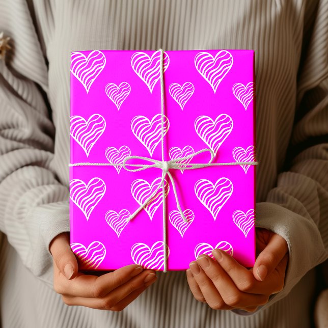 Papier Cadeau Rose Fuchsia Chic Cœurs Blancs Ondulés Rayés (Créateur téléchargé)