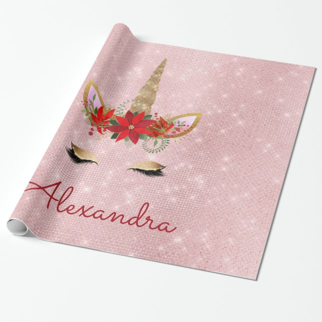 Papier Cadeau Rose Gold - Blush Pink Christmas Unicorn Monogramm (Déroulé)