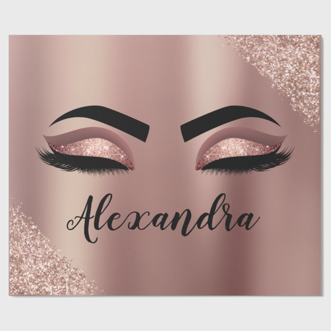 Papier Cadeau Rose Gold Blush Pink Monogram Glitter Eyelashes (Plat)