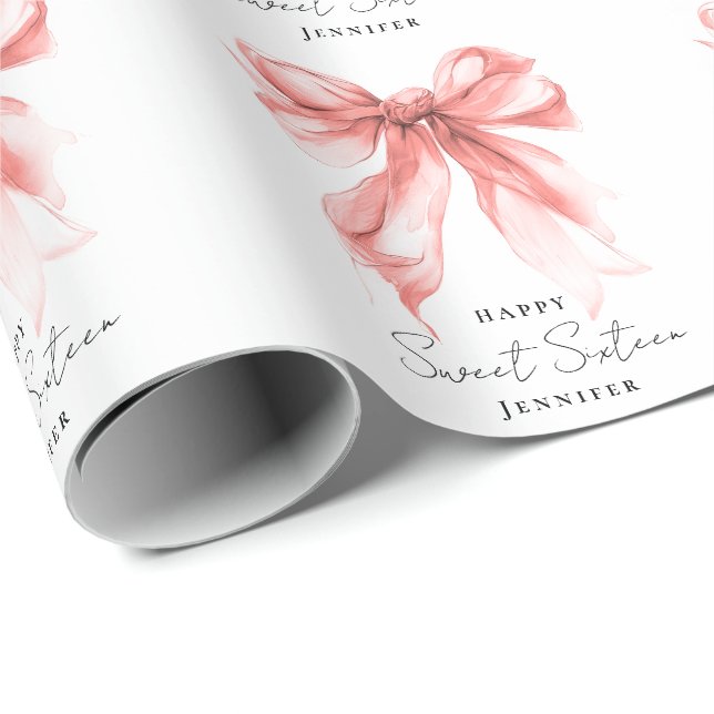 Papier Cadeau Rose Gold Bow Coquette Écriture Sweet 16 Fête  (Coin rond)