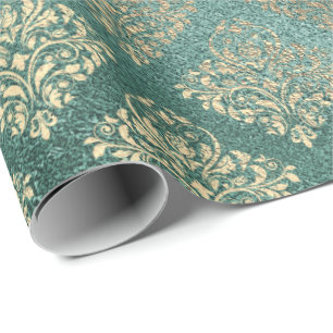 Papier Cadeau Rose Gold Foxier Damask Turquoise verre brillant m