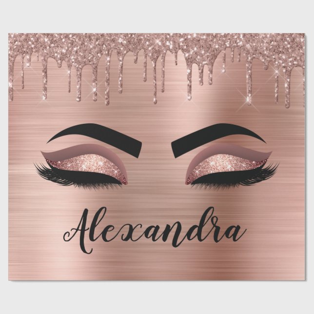 Papier Cadeau Rose Gold Glitter Sparkle Eyelashes Monogram (Plat)