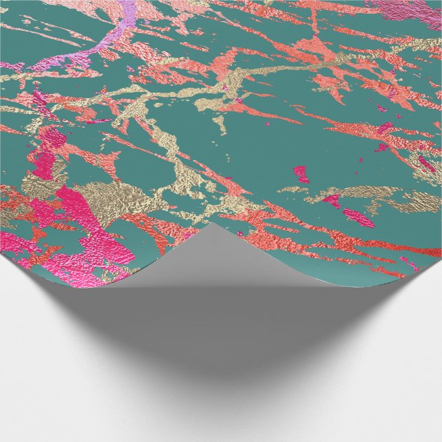 Papier Cadeau Rose Gold Marble Coral Turquoise rose vif Abstrait (Coin)