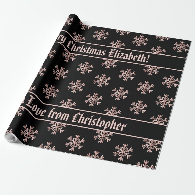 Papier Cadeau Rose Gold Snowflakes Motif Noël Noir (Déroulé)