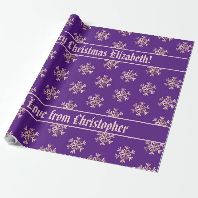 Papier Cadeau Rose Gold Snowflakes Motif Noël violet violet (Déroulé)