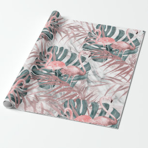 Papier cadeau Rose Gold Tropical Flamingos Leaves 